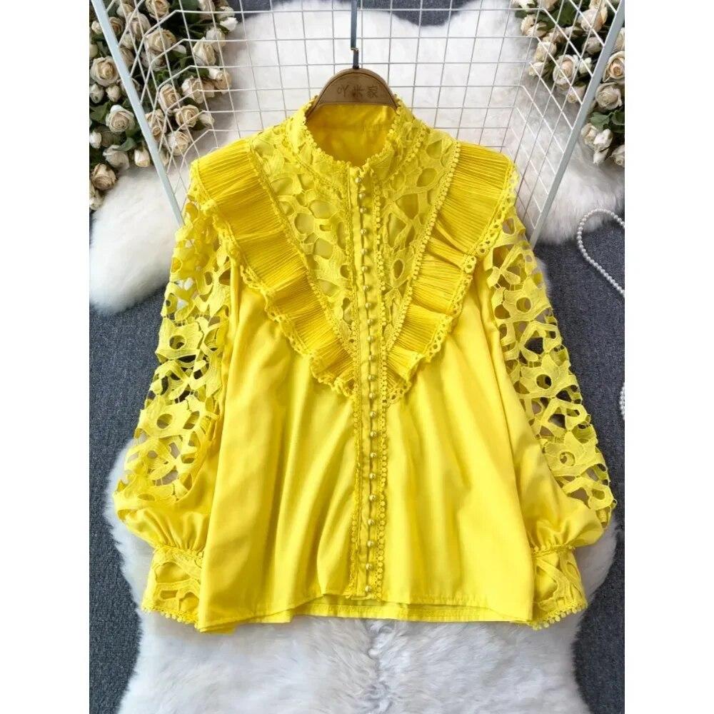 Винтажная блузка в стиле суда для женщин, с воланами, ажурные кружевные лоскутные рубашки с длинными рукавами-фонариками, женские блузки, Прямая поставка