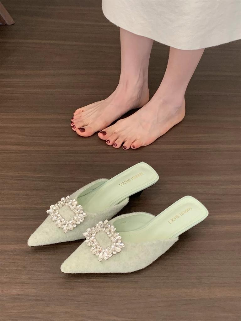 Aphixta Сексуальные босоножки на среднем каблуке Элегантные женские шлепанцы с острым носком Летние плательные шлепанцы Роскошные хрустальные серые туфли-шлепанцы на низком каблуке