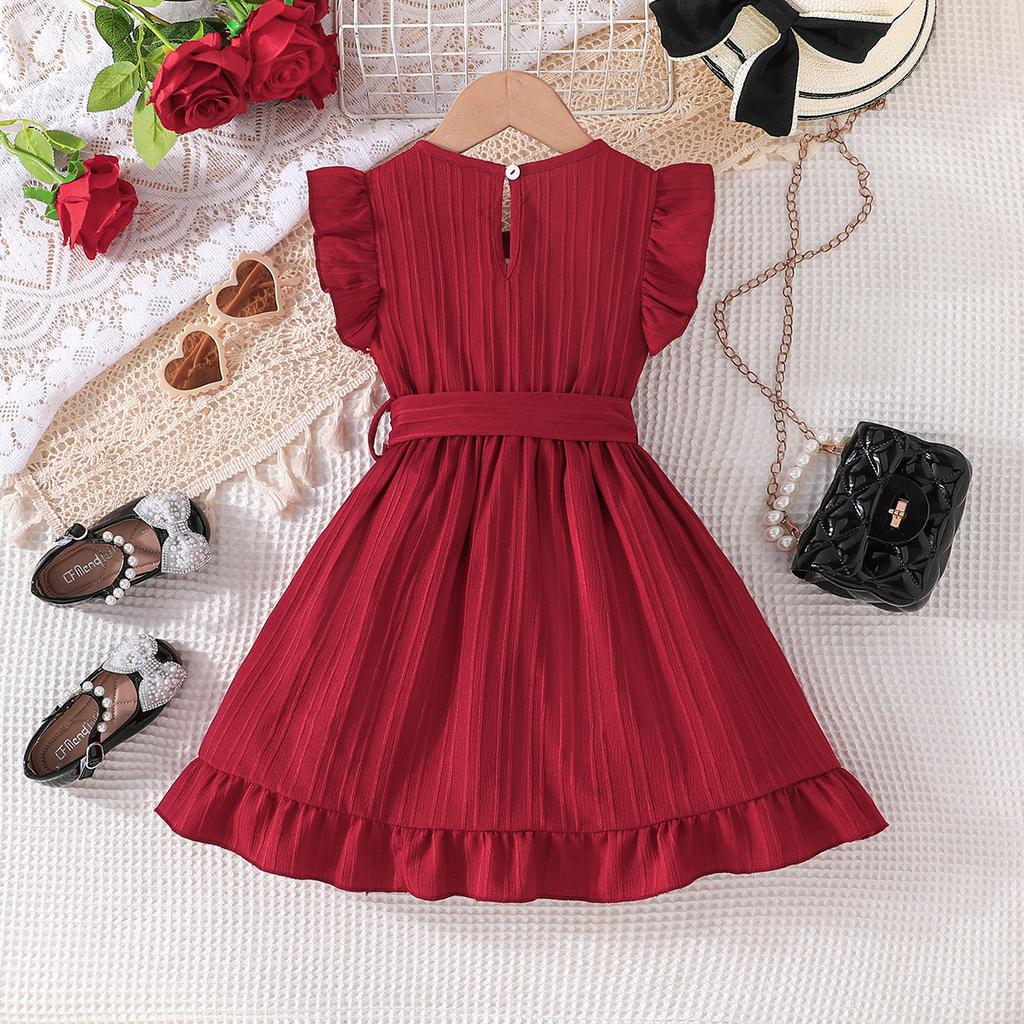 Стильное платье для девочек с круглым вырезом, оборками и поясом, летнее детское повседневное платье 2025 года