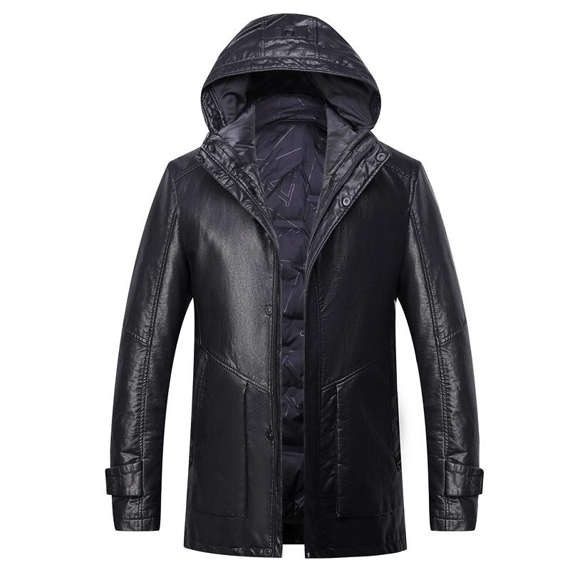 Middle-aged Genuine Leather Jacket Men's Casual Thickened Mid-length Leather Down Jacket Plus Velvet Jacket Hat Coat Winter