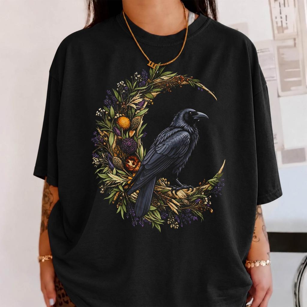 Raven Botanical Crescent Gothic Nature Art T-Shirt