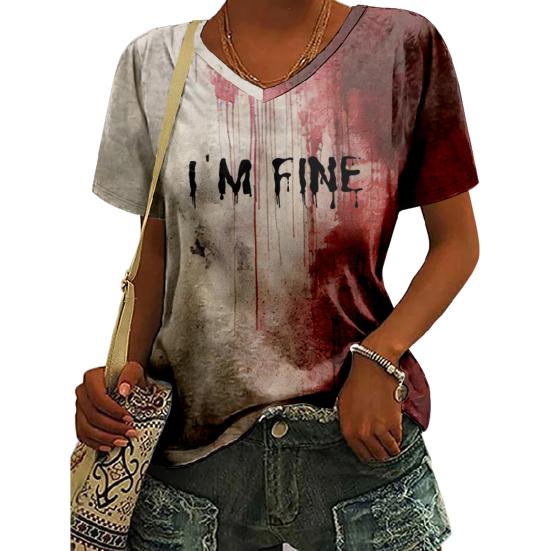 Женская футболка с V-образным вырезом и длинным рукавом, с принтом «кровавые буквы», свободный крой, пуловер на Хэллоуин, топы, праздничная одежда для вечеринок