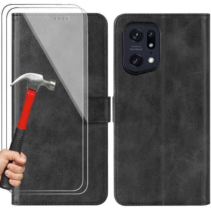 Coque de Protection - E.F.CONNECTION - pour OPPO Find X5 Pro - effet cuir - 2 verres trempés