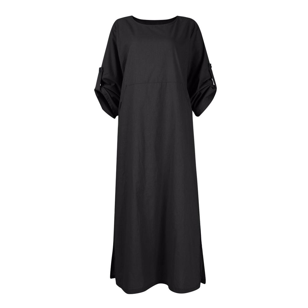 Women's Cotton And Linen Solid Color Casual Round Neck  Double Side Pockets 3/4 Sleeve Long Dress