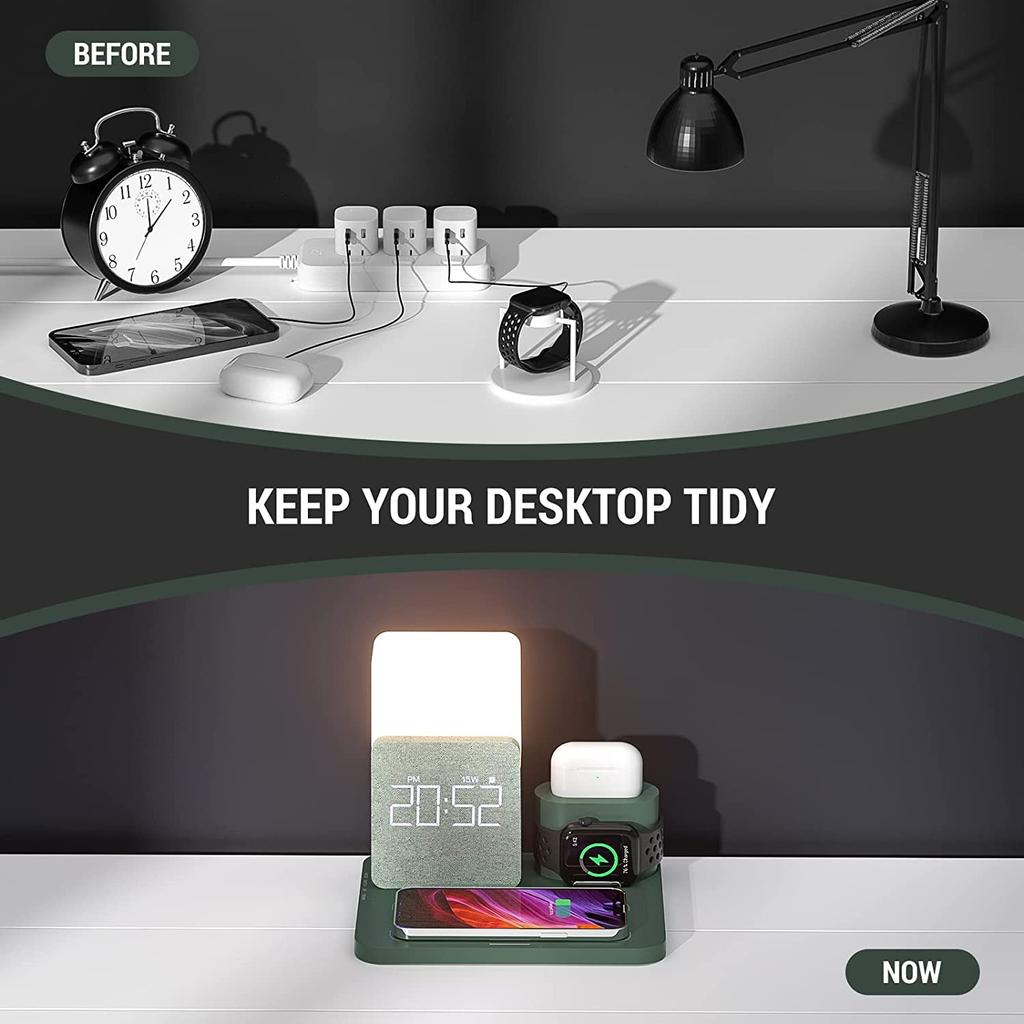 Беспроводная зарядная станция 15 Вт, зарядное устройство для часов 4 в 1, держатель для телефона, будильник, обновленная док-станция для iPhone 13, 14, 15, Airpods iWatch