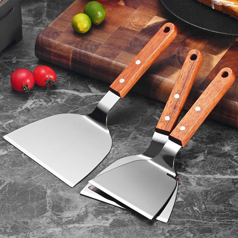 Многофункциональная кухонная лопатка из нержавеющей стали с деревянной ручкой: Теппанъяки, Сковорода, С прорезями, Стейк, Треугольная, Пицца, Торт, Блинная лопатка