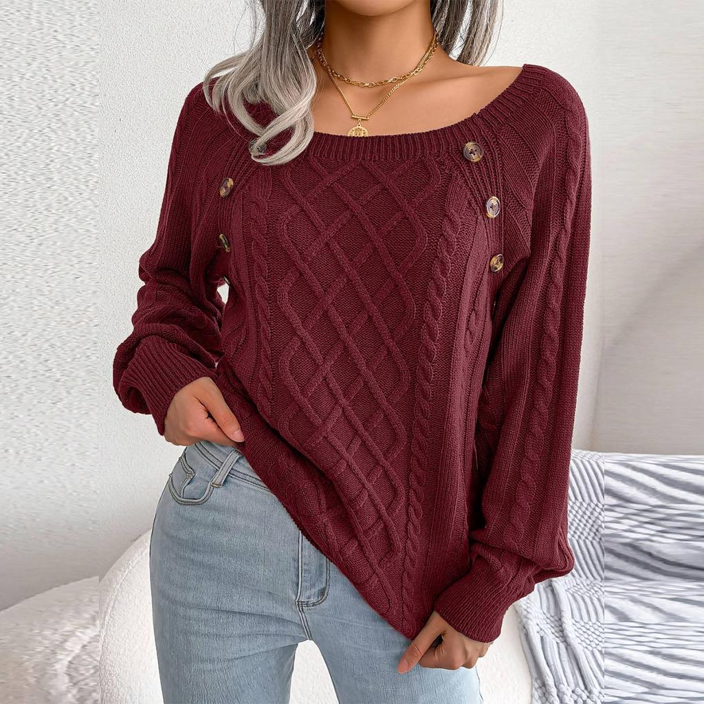 Women's Fashion Casual Solid Color Square Neck Button Cable Knit Pullover Sweater