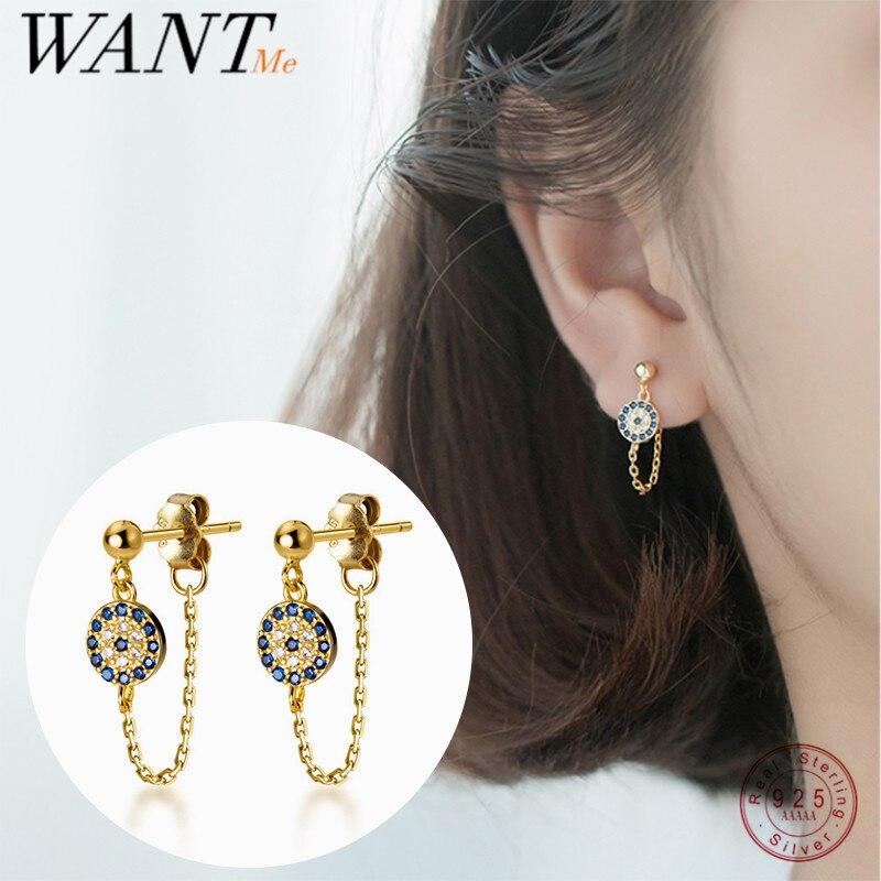 925 Sterling Silver Hip Hop Chain Blue Demon Eye Zircon Pendant Stud Earrings Women Bohemian Goth Party Evil Eyes Jewelry