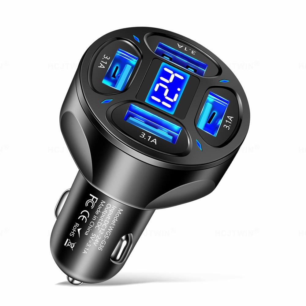 4 In 1 USB Car Charger 3.1A 12-24V Digital Display Car Mobile Phone Charger Adapter Car Charger for IPhone 14 13 Xiaomi Samsung