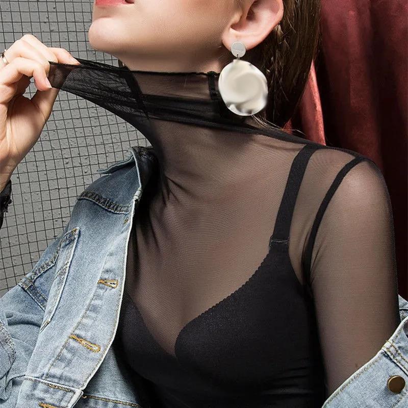 Sexy Women T Shirt See Through Transparent Tops Long Sleeve Sheer Slim Ladies Turtleneck T-Shirt New Arrival Women Pullover