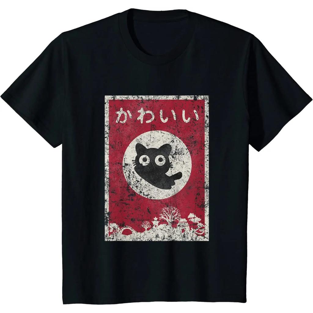 Футболка с изображением японского черного аниме-кота Kawaii cat