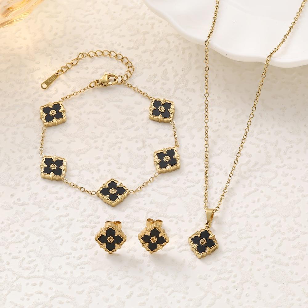 3PCS diamond clover five flower bracelet necklace earrings stainless steel jewelry set