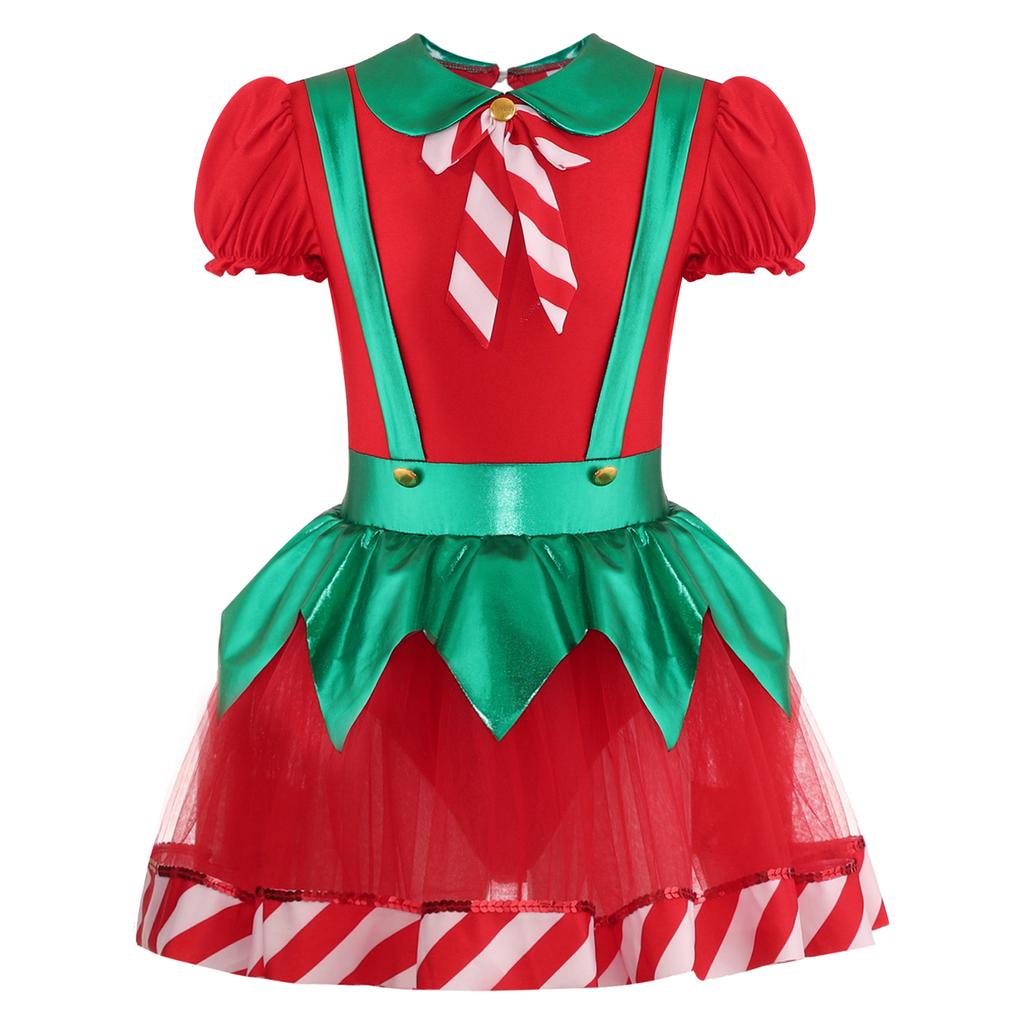 Girls Christmas Tutu Dress Puff Sleeve Hollow Back Bow Stripes Design Suspender Jumpsuit Dance Leotard