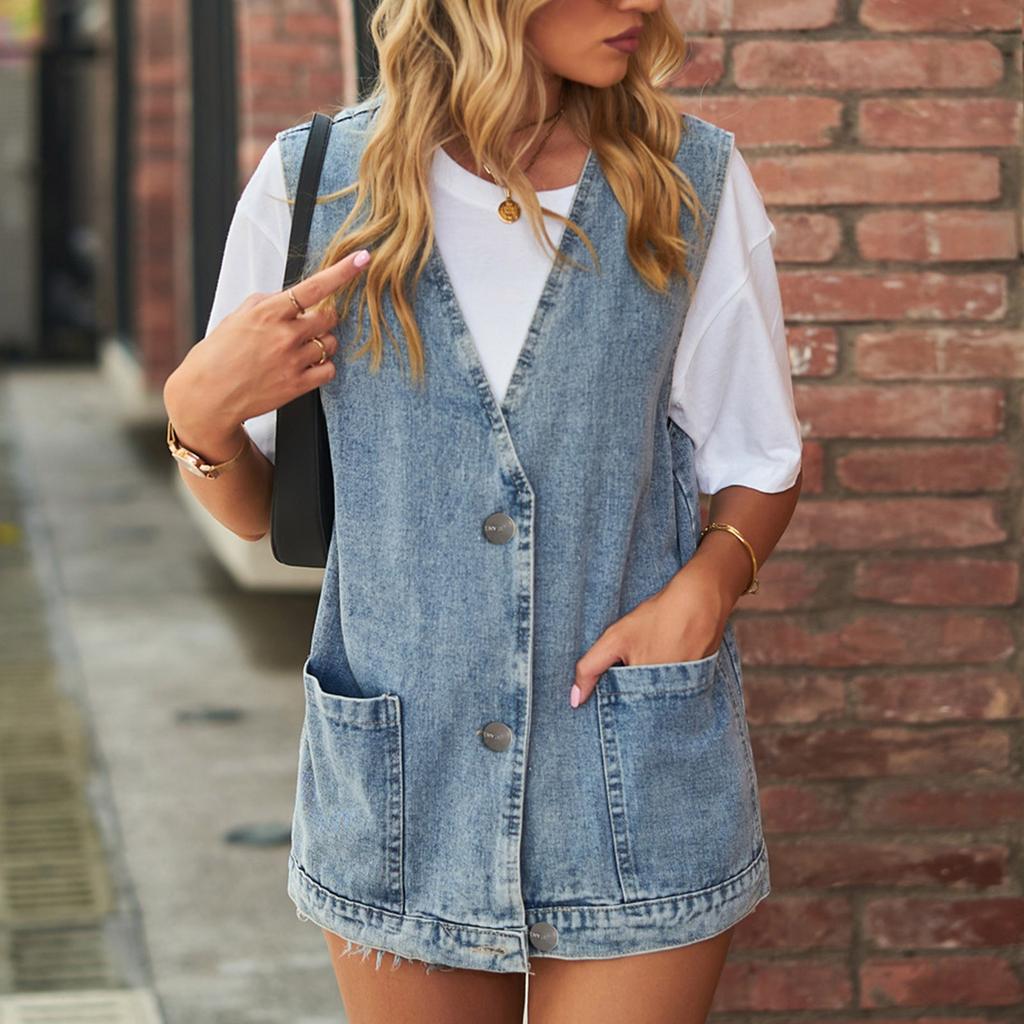 Women's Casual Denim Vest Vest Large Pocket Sleeveless Vest Jacket