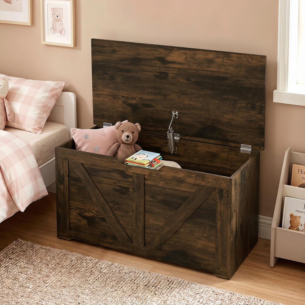 100L Home Storage Box With Safety Hinge Rustic Brown Wood Effect