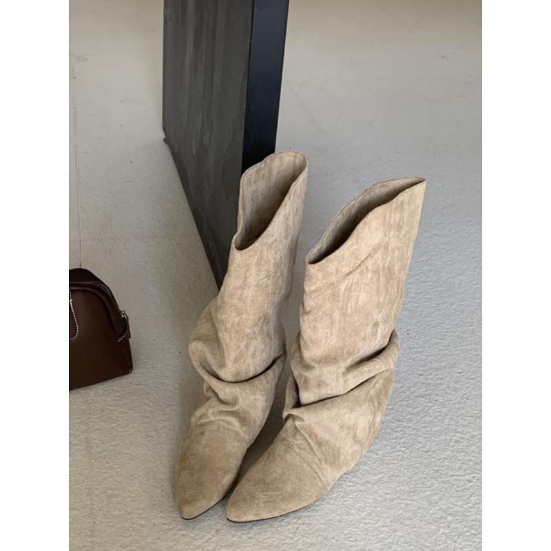 Temperament pleated high boots suede piled boots women's fried street boots new pointed trousers long boots long boots