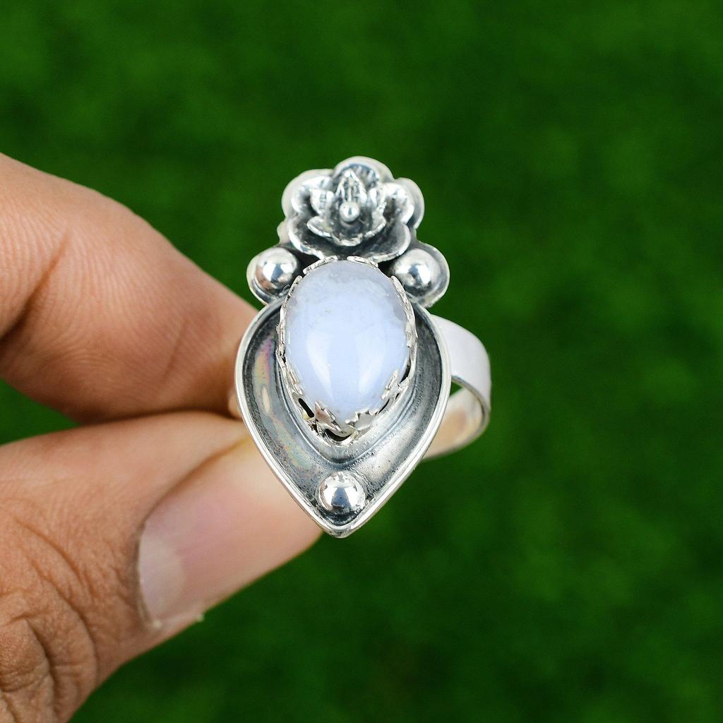 Natural Blue Lace Agate Stackable Flower Adjustable Ring 925 Silver For Girls