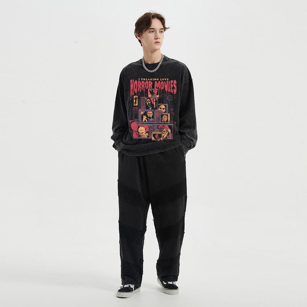 Streetwear Vampurr Graphic Washed Black T-Shirt Cotton Unisex Tops Tees Plus Size Long Sleeves T Shirt