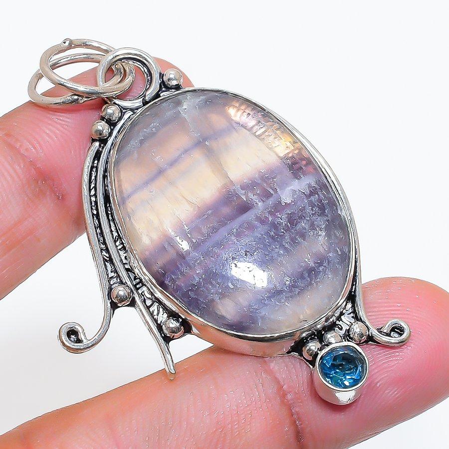Natural Fluorite, Topaz Gemstone 925 Sterling Silver Jewelry Pendant 2.36" ZS-700