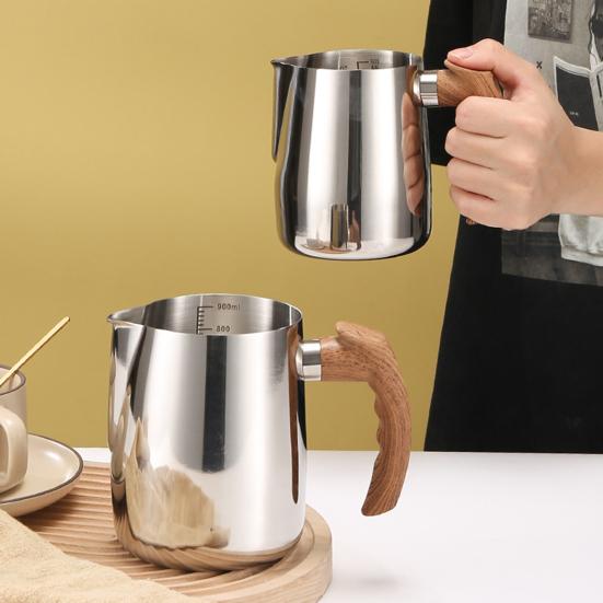 600/1000ML Milk Frothing Pitcher with Precise Scale Wooden Handle Dripless Spout Stainless Steel Latte Coffee Cup Milk