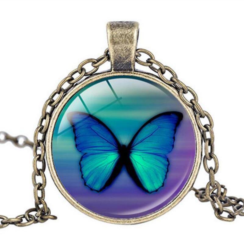 Floral Butterfly Pendant Necklace with Cabochon Charm