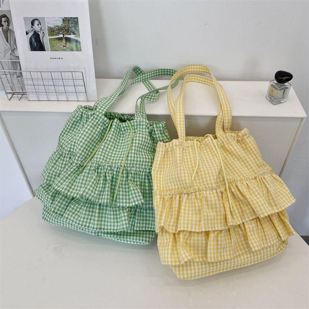 Sweet Canvas Plaid Bag College Style Cute Ruched Handbag Casual Ruffle Shoulder Bag  Travel