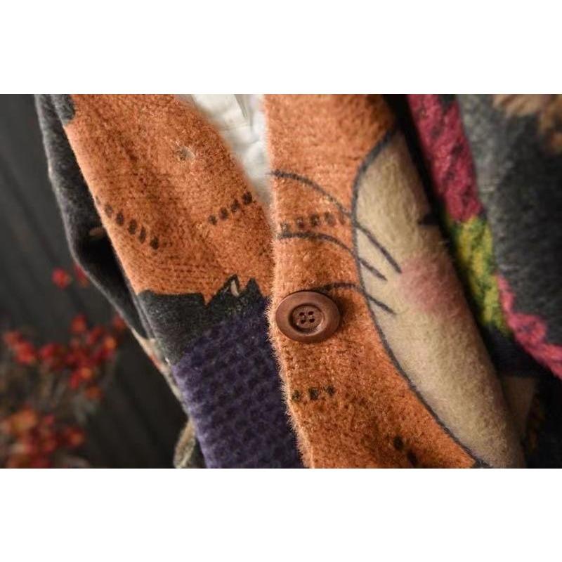 Women's Literary Retro Fall Printing Mink Cardigan Loose Thin Long-sleeved V-neck Knitted Jacket Blouse