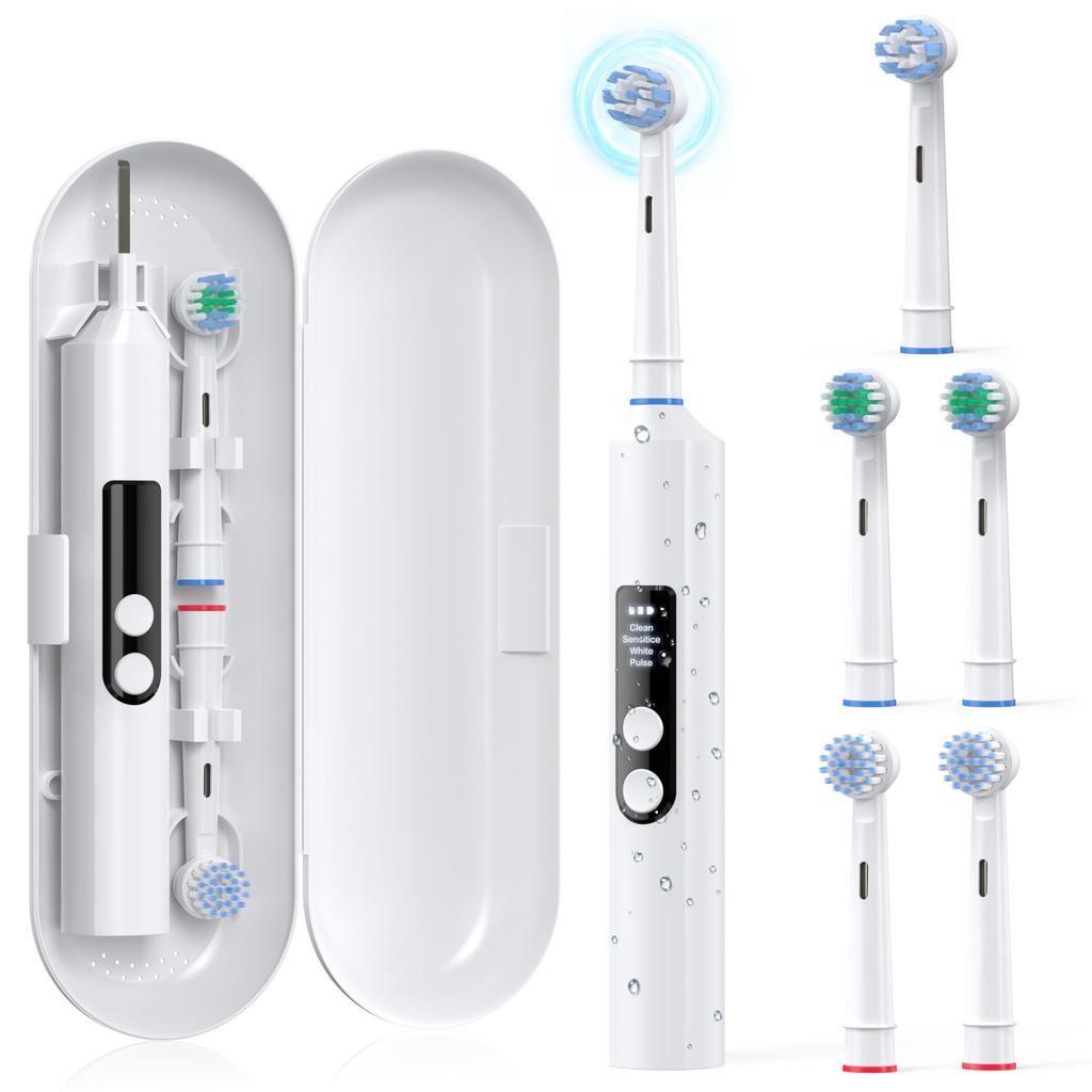 Electric Toothbrush Rotating Electric Toothbrush Rechargeable Double Button 4 Cleaning Modes 5 Brush Heads Storage Case Included Display Waterproof