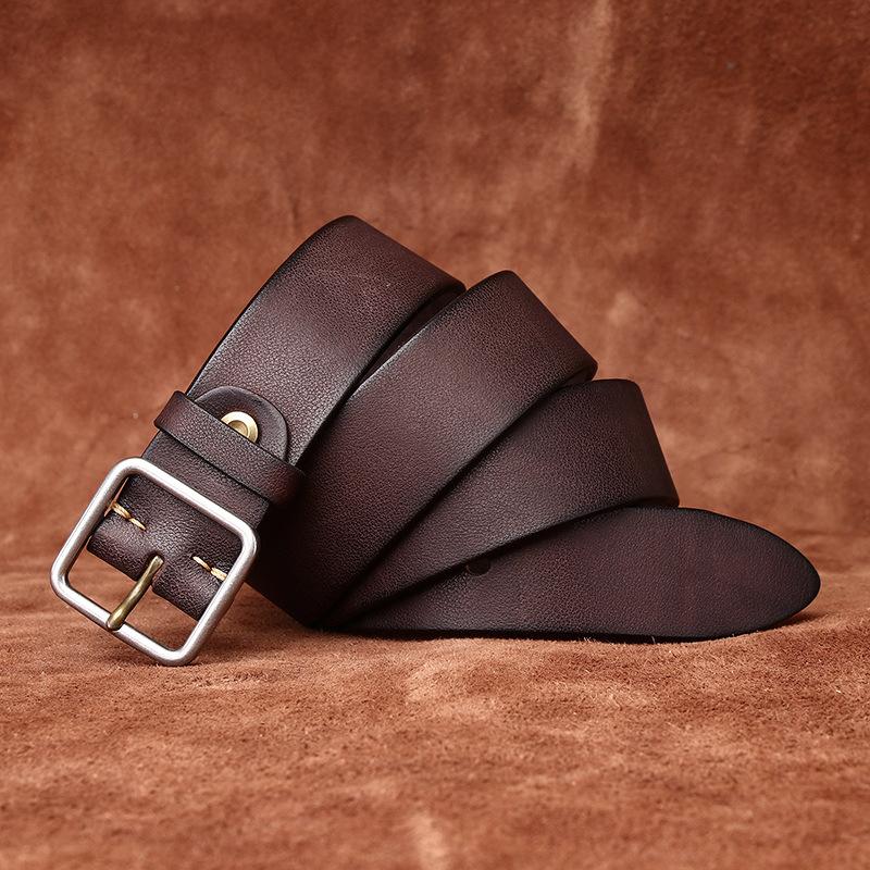 Stainless Steel Buckle Belt Men's Genuine Cattlehide Leather Surface Retro Simple Casual All-Match Jeans Belt Men