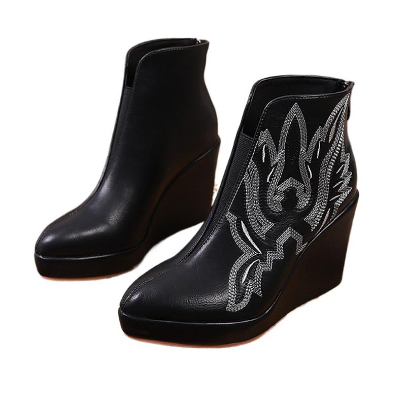 2024 Autumn Early Winter Shoes Women Ankle Boots Platform Modern Ladies Wedge Heels 10cm Flowers Pure Black Plus Size 42 D151