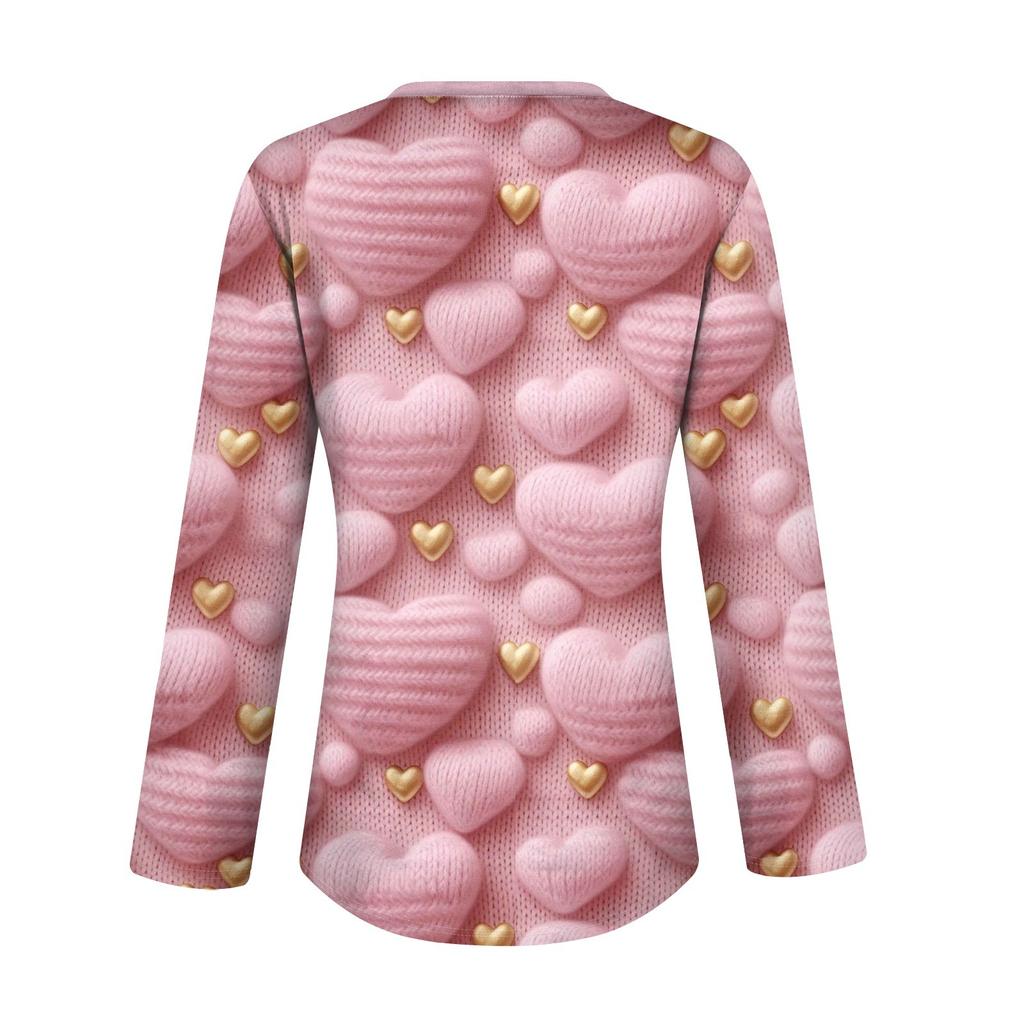 Женский модный повседневный топ с длинным рукавом и V-образным вырезом на пуговицах ко Дню святого Валентина с принтом в виде сердца