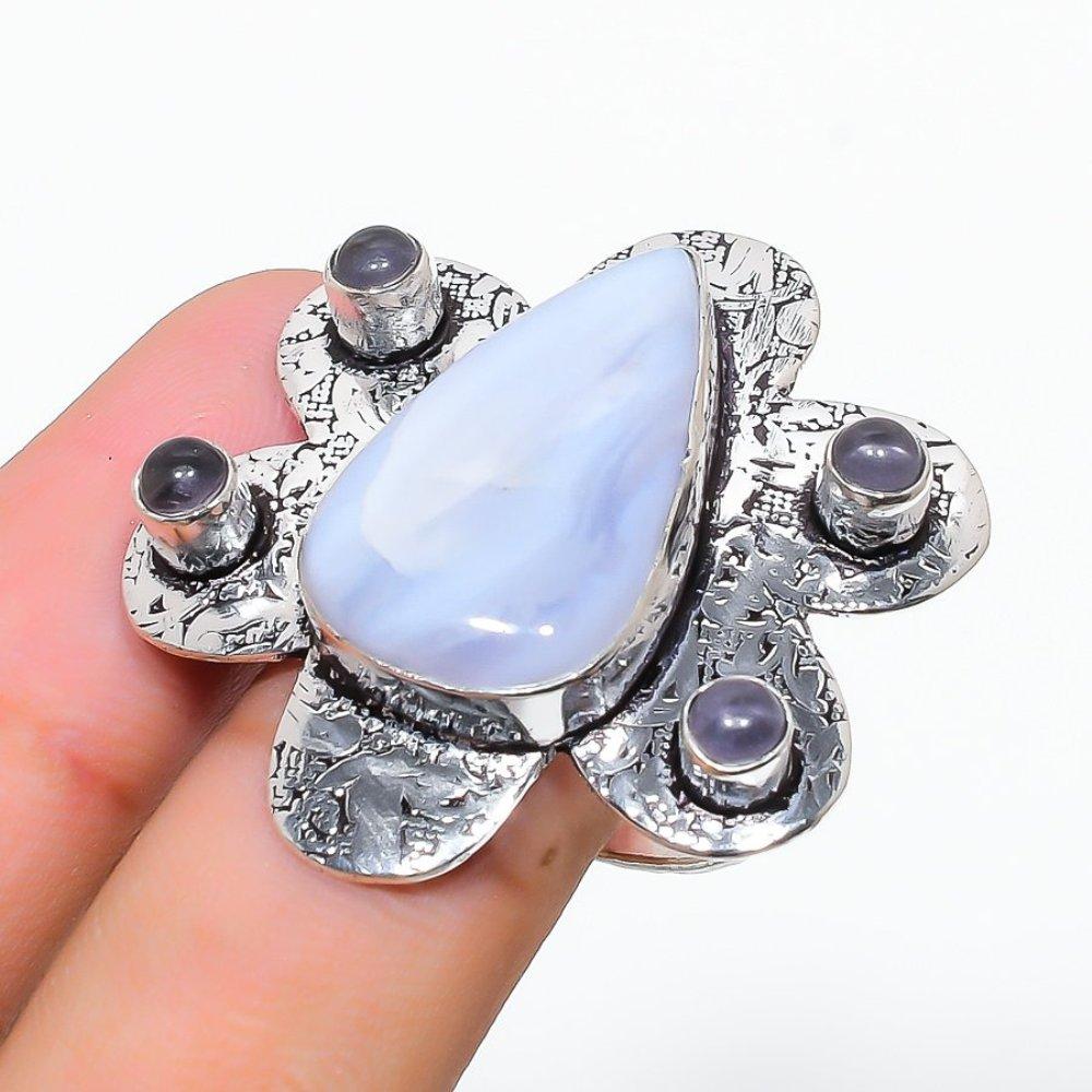 Blue Lace Agate, Amethyst Gemstone 925 Sterling Silver Jewelry Ring Size 7 l7B46