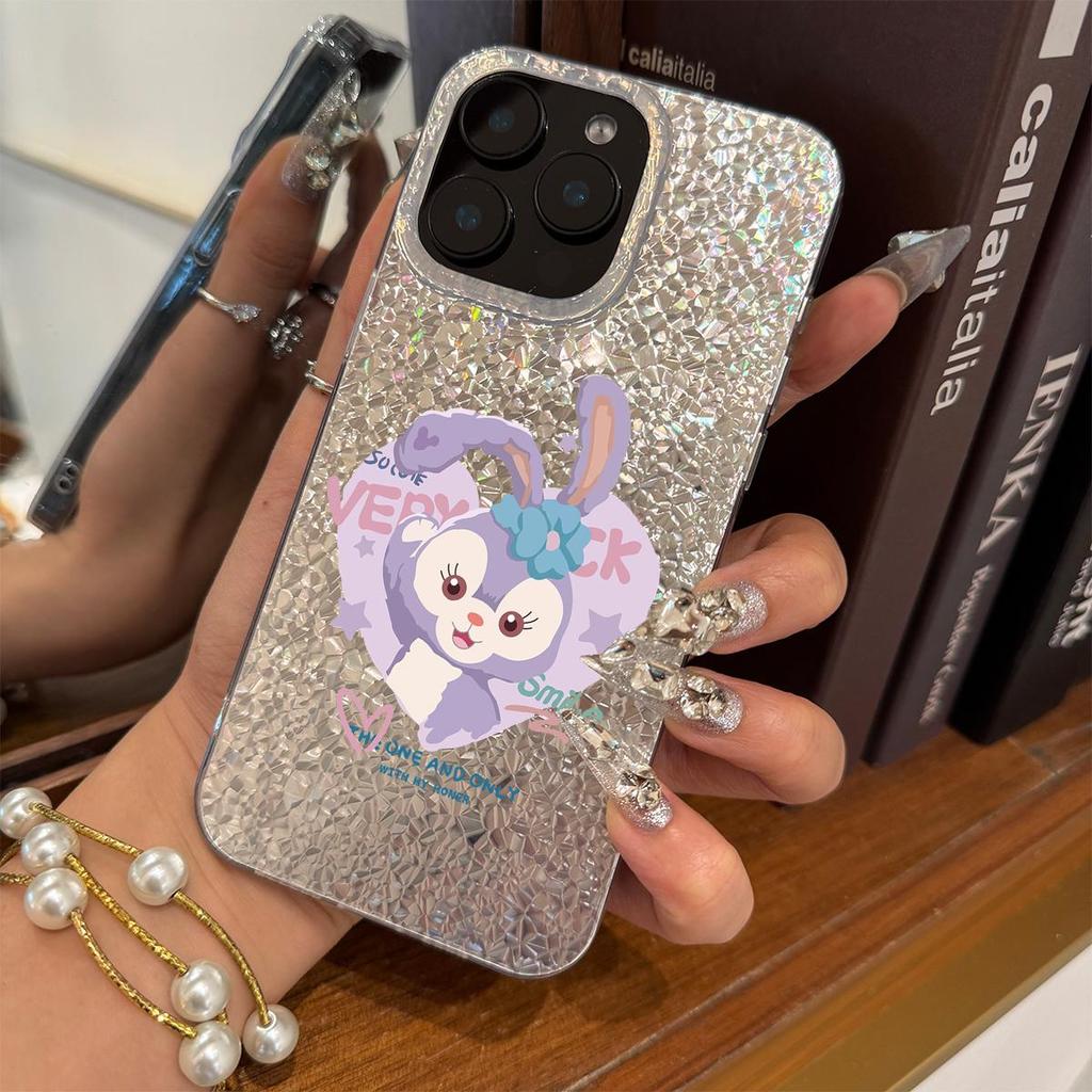 Чехол с улыбающимся фиолетовым кроликом для iphone 17 Pro Air 13 14 18 Pro Max 15 XR XS Max 11 16 Plus 12 Серебристый фон с трещинами и блестками