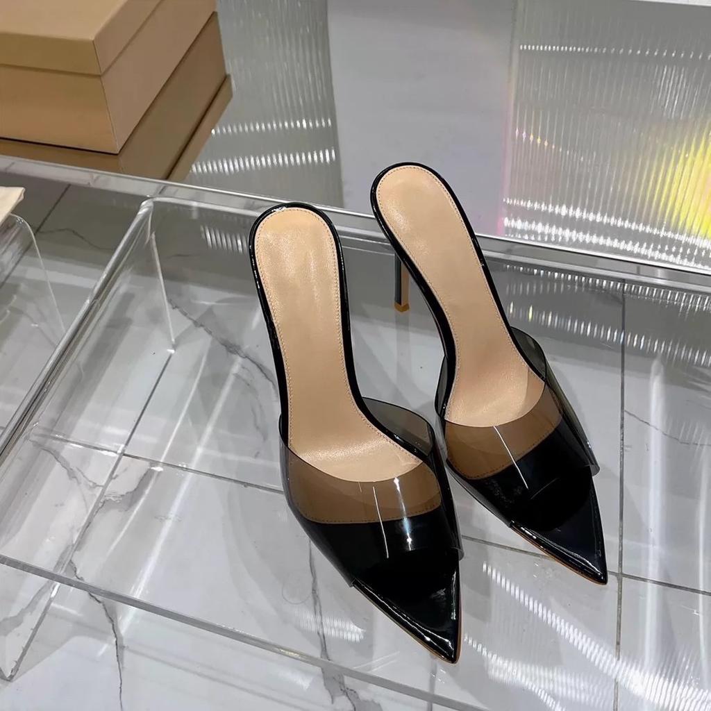 Transparent high-heeled cool slippers for women in the summer of 2025, new fashion, thin heels, pointed heads, sexy open toes, and one-word drag for o