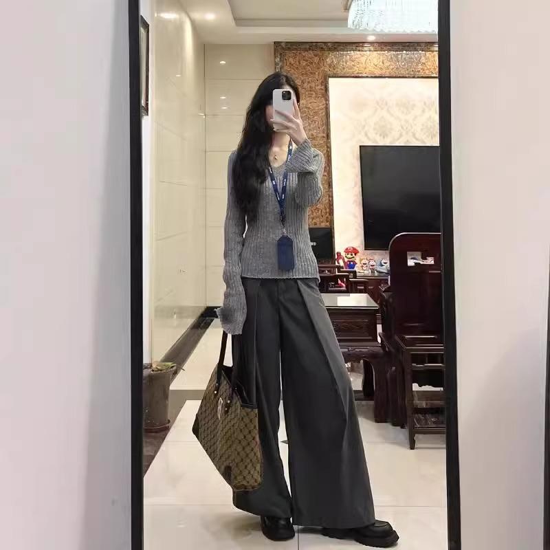 Свитер серого цвета облегающего кроя, вязаный свитер в ленивом стиле, тонкий, для весны, в пикантном стиле, с длинными рукавами, женский внутренний топ