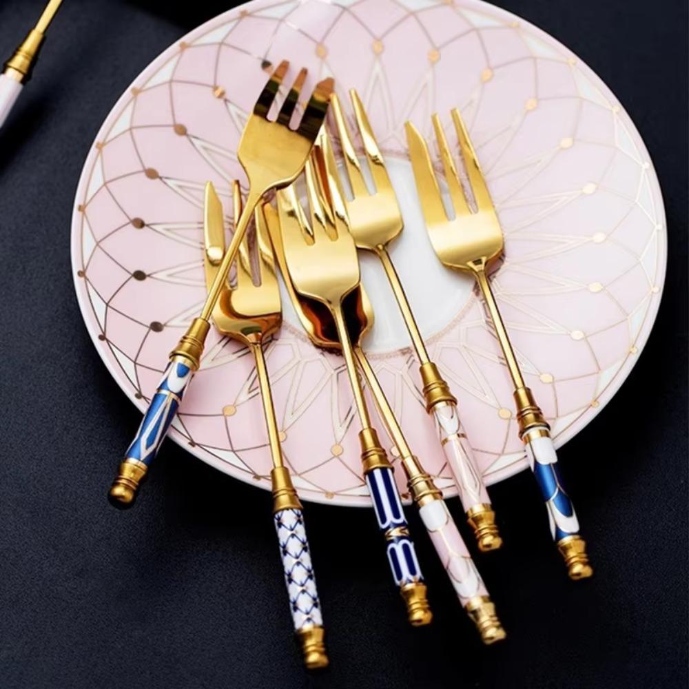 Stainless Steel English Afternoon Tea Spoon Fork Ceramic Handle Fruit Forks Cake Spoon Fork Hotel