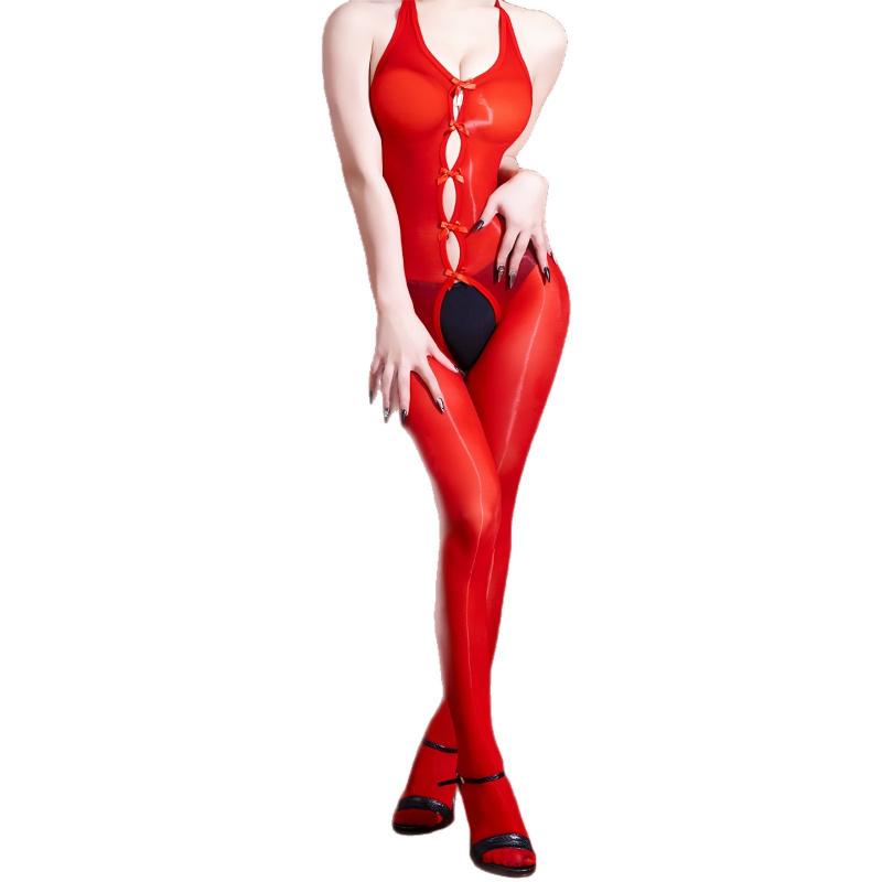 5D Glossy See-through Chest Bowknot Hollow Out One-piece Stockings Open Crotch No-take-off backless Halter Erotic Stockings