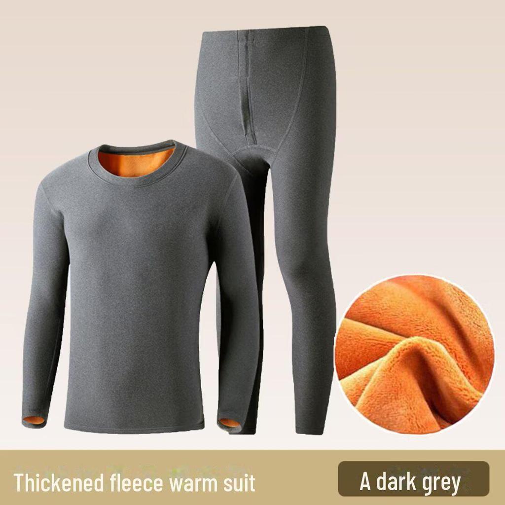 Men's Gold Velvet Two-Piece Warm Suit: Autumn/Winter Plush Crew Neck T-Shirt and Solid Color Pants In Trendy Oversized Fit.