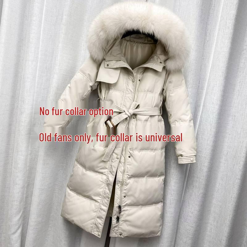 Women's 2024 Trendy Lightweight Over-Knee Down Jacket with Waist Tie - White Duck Down Winter Coat