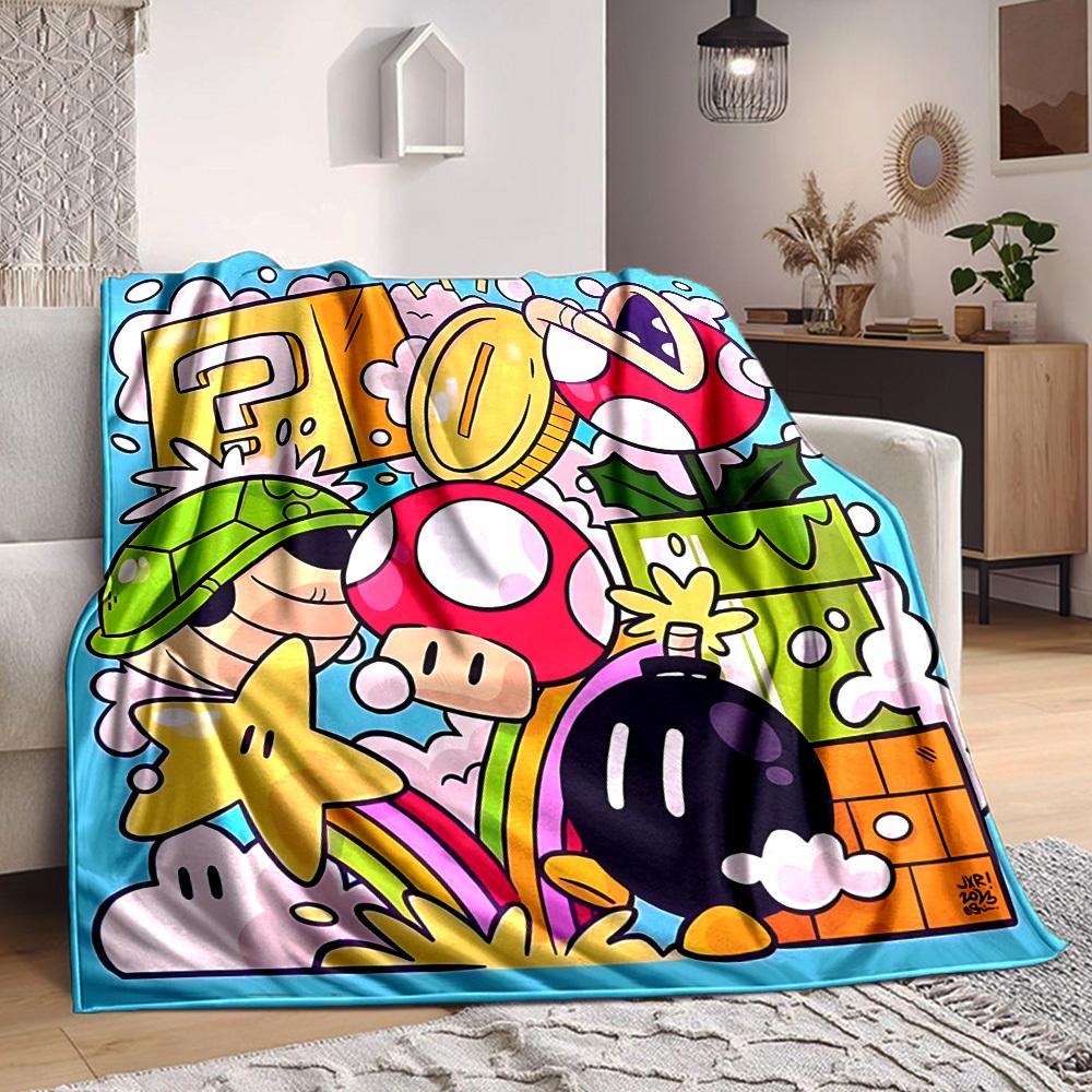 1pc Mario Adventure Flannel Blanket, Soft Skin Friendly with Digital Printing, Various Sizes Available for Family, Friends, Birthday