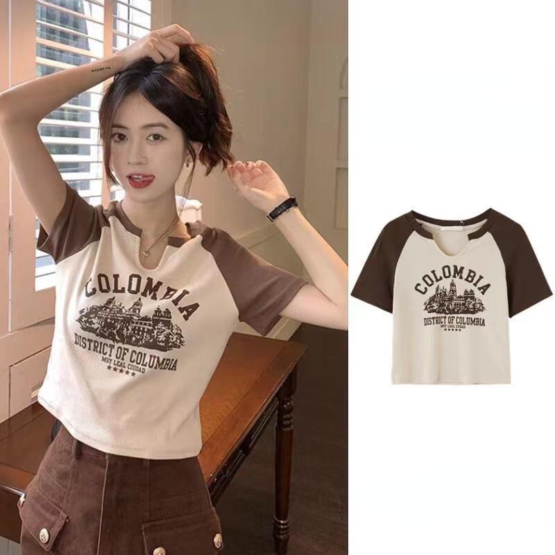 Casual O-neck Short Sleeve Letter Print T-shirt Summer Cute Female Tee Y2K Clothes Bodycon Tunics Crop Tops Fashion Tank Top