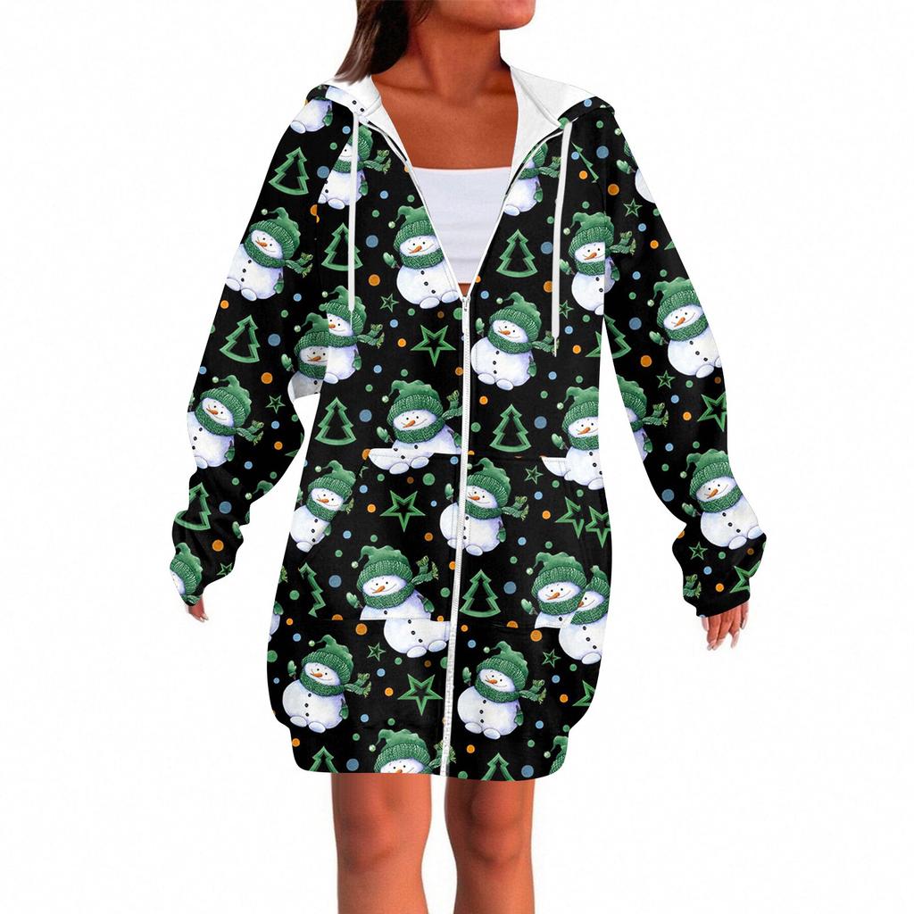 Women's Fashionable Christmas Printed Long Sleeved Drawstring Hooded Zipper Pocket Long Casual Sweatshirt Jacket