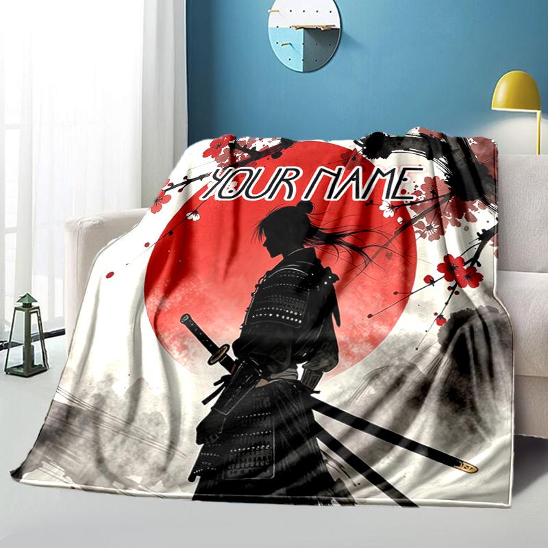 1PC Custom Name Samurai Sunset Journey flannel blanket versatile,all-season throw suitable for the living room,bedroom,camping,travel,and gift