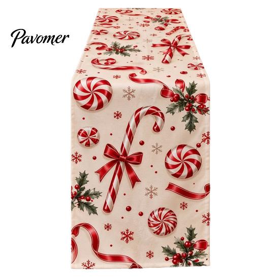 Holiday Table Linen Christmas Flower Runner, Holly Berries Dining Decor, Poinsettia Gingerbread Gift for Friends Man Festive Runner Party Decor Indoor