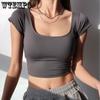 Summer Solid Color Tight Fitting U-neck Short Sleeved Base T-shirt Women's Slim Fitting Short High Waisted Top