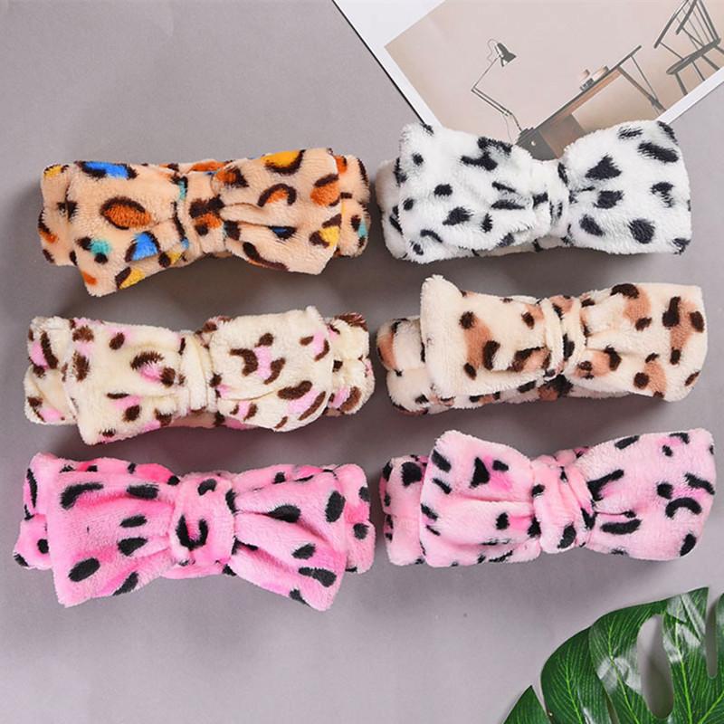 Leopard Makeup Wash Face Headbands for Women Coral Fleece Bow Dot Hairband Turban Knot Elastic Headwrap Girls Hair Accessories