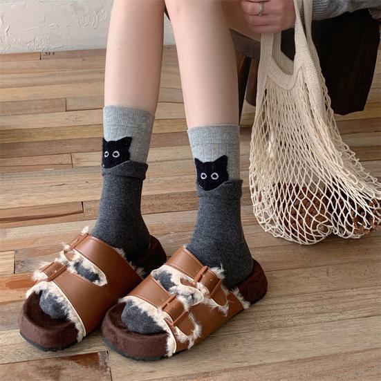 1 Pair Cartoon Cat Socks Autumn Winter Moisture Wicking Knitted Mid-calf Stretch Men Women Kitten Socks Sports Casual Cotton Crew Socks