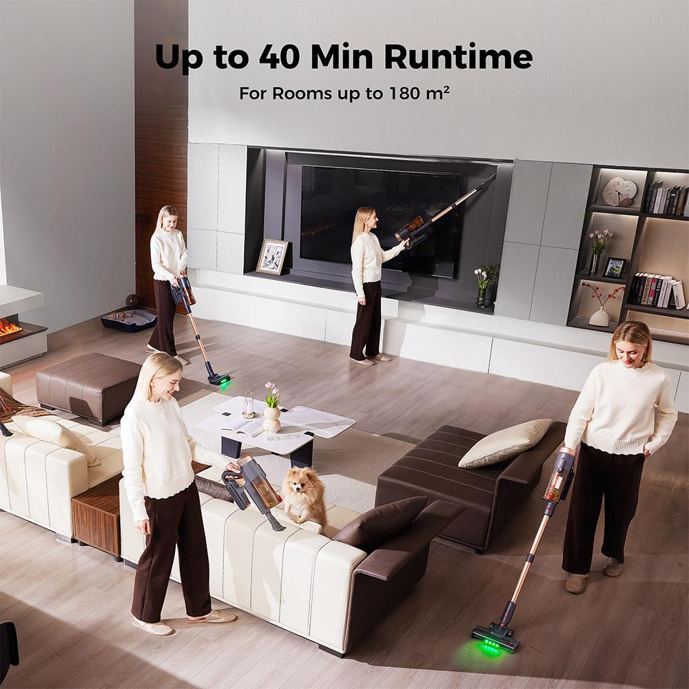 Беспроводной пылесос Proscenic P11 Ultra, мощность всасывания 40 кПа, время работы 40 мин, щетка без спутывания, 4-ступенчатая фильтрация, зеленые светодиодные фары