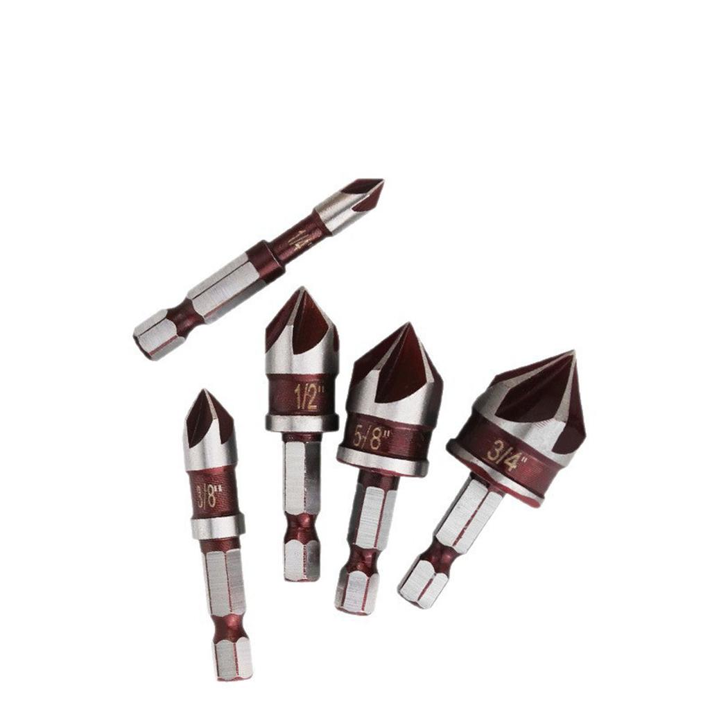 5 Piece Hex Shank 82 Degree 5 Flute Countersink Drill Bit Set For Metal Wood Plastic With Durable Construction And Reduced Vibration