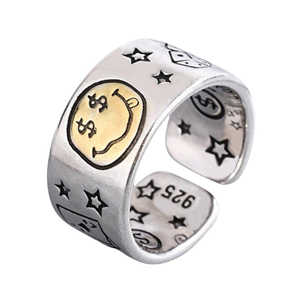 Vintage Smile Face Poker Dices Star Opening Ring Adjustable Ring Jewelry for Fashion Enthusiasts and Retro Lovers